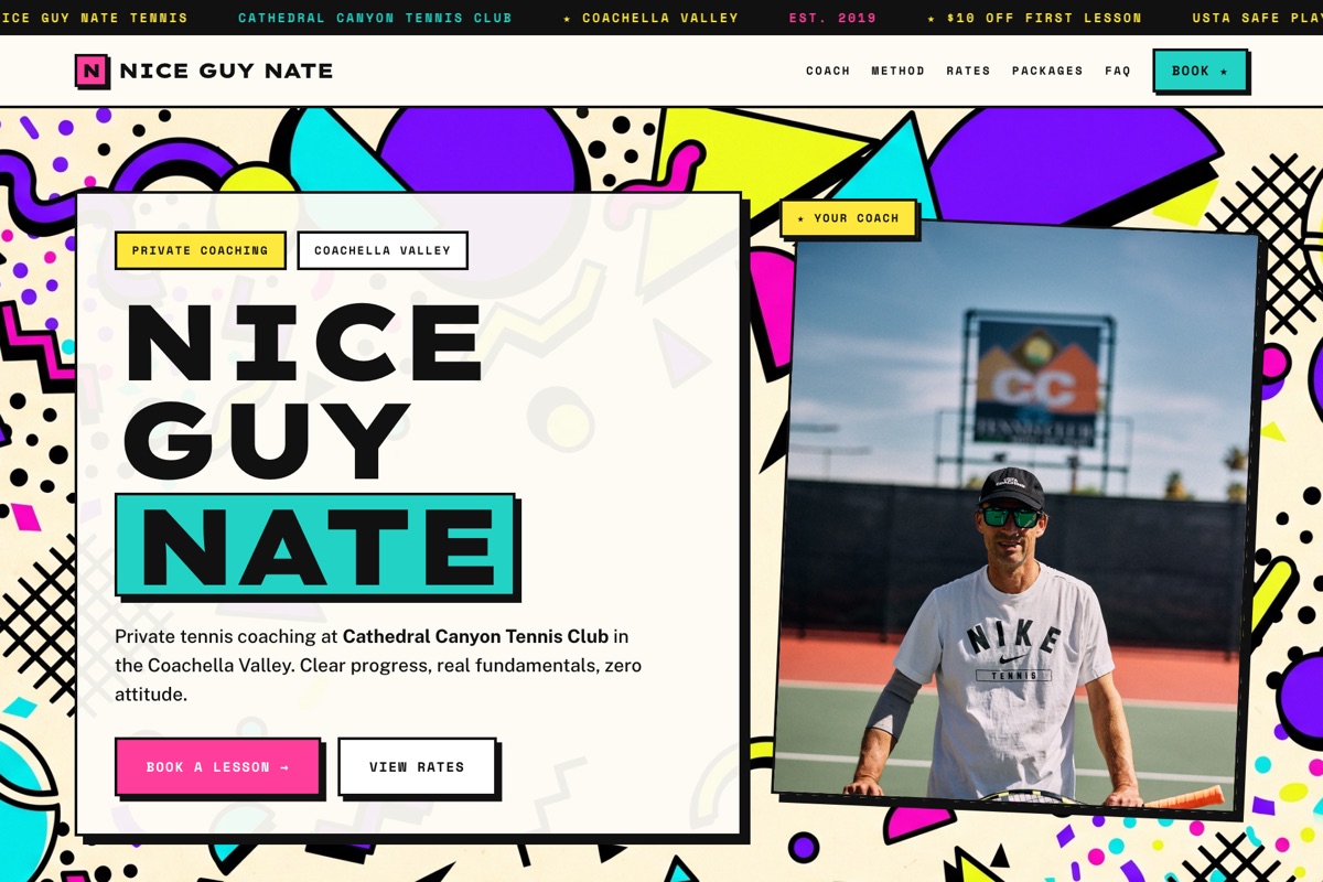 NiceGuyNate.com — a bold 1980s Memphis-style tennis-coaching website Zack built for Nate Chesbro at CC Tennis Club